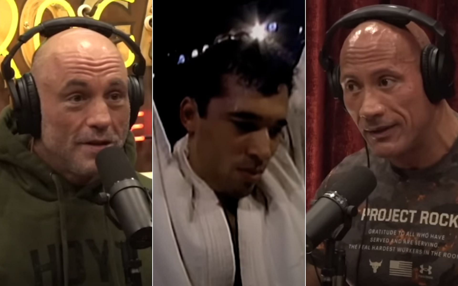 Joe Rogan [Left], Royce Gracie at UFC 1 [Middle], and The Rock [Right] [Photo credit: PowerfulJRE and UFC - YouTube]