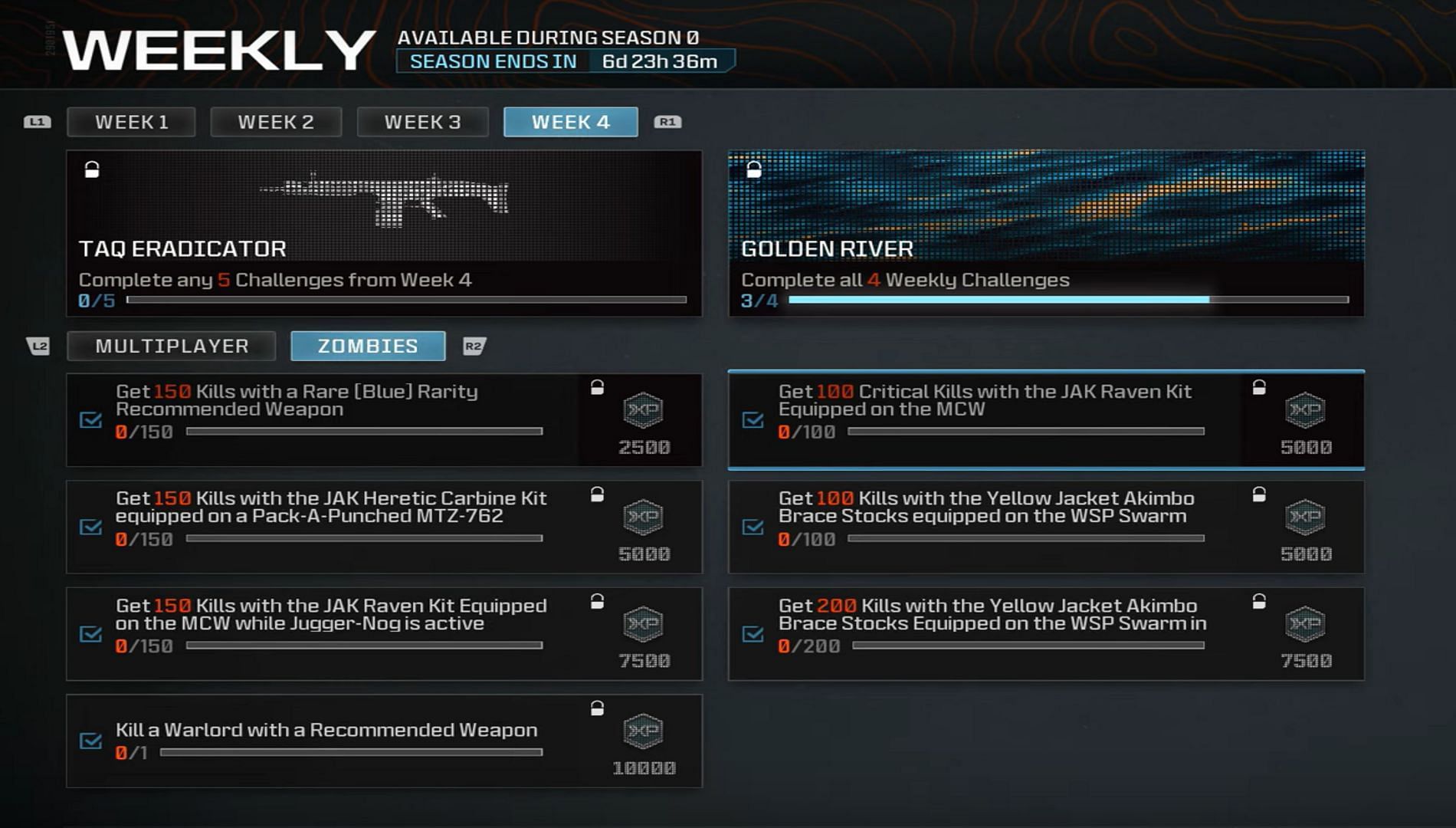 The tasks of the Zombies mode for Week 4 of Season 0 Weekly challenges in Modern Warfare 3 (Image via Activision)