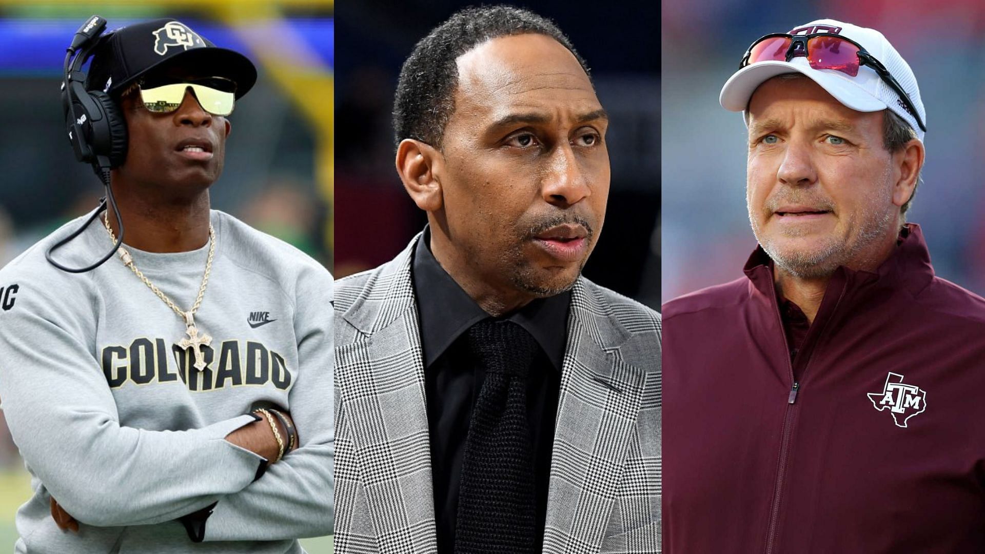 (L-to-R) Deion Sanders, Stephen A. Smith and Jimbo Fisher