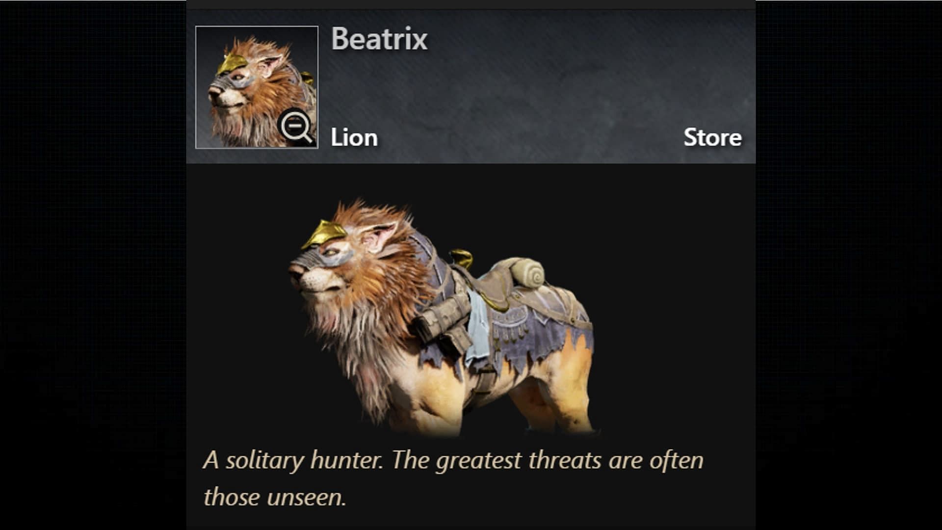Beatrix is a lion mount in the game (Image via Amazon Games)
