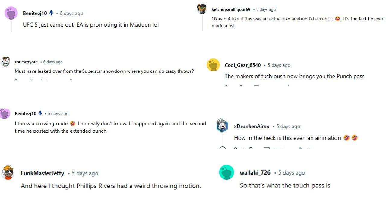 Reddit comments about an unusual pass made by Jalen Hurts in the Madden game.