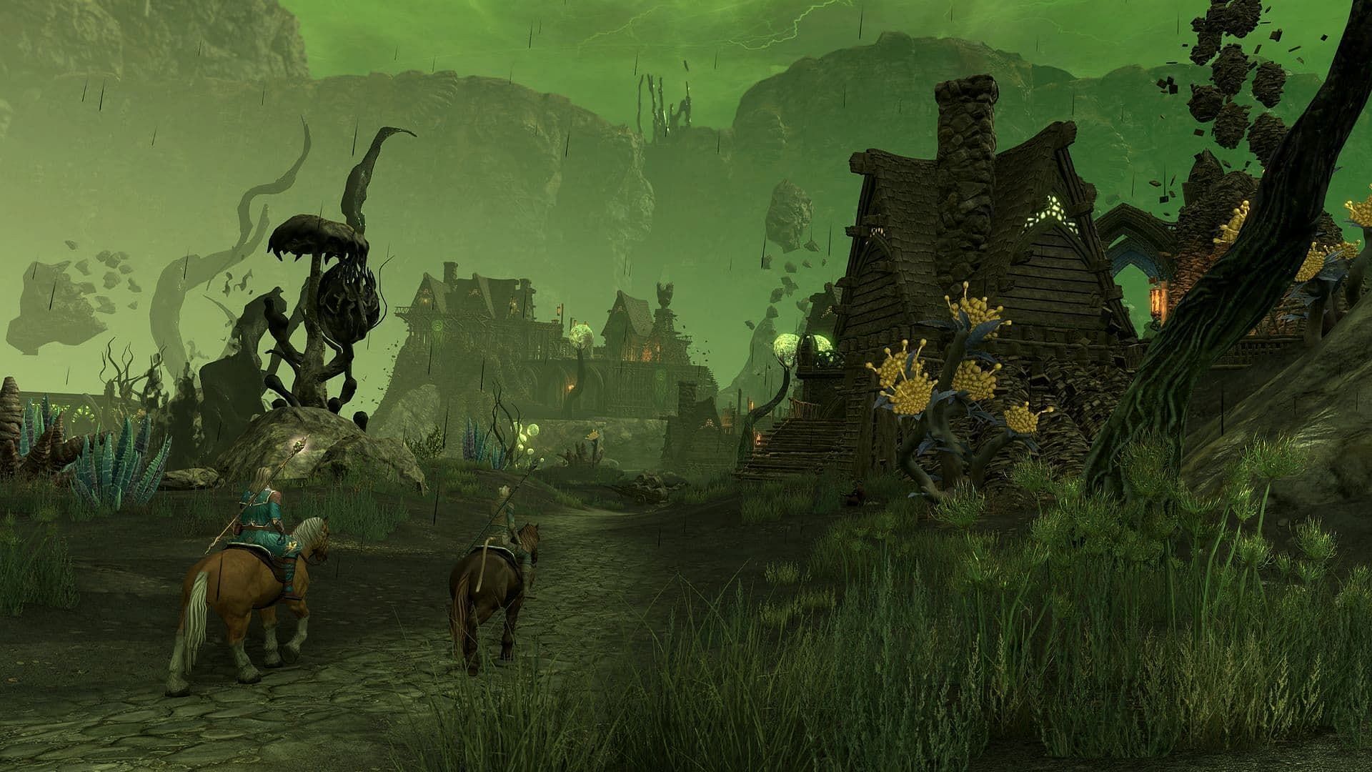 Players venturing into a spooky town with floating rocks, old taverns and green mist on their mounts in The Elder Scrolls Online