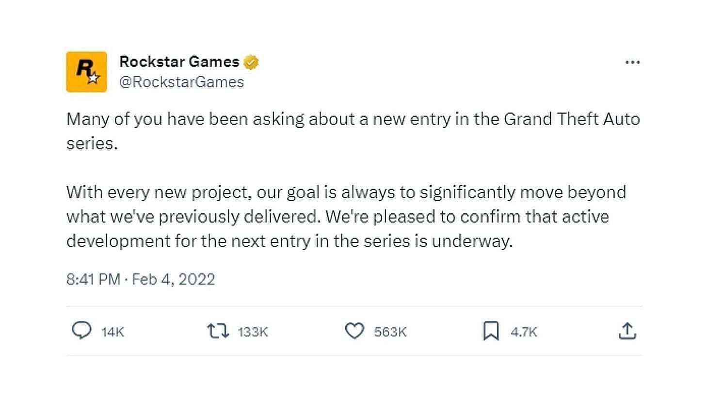 Rockstar confirming the sequel&#039;s development in 2022 (Image via X/@RockstarGames)