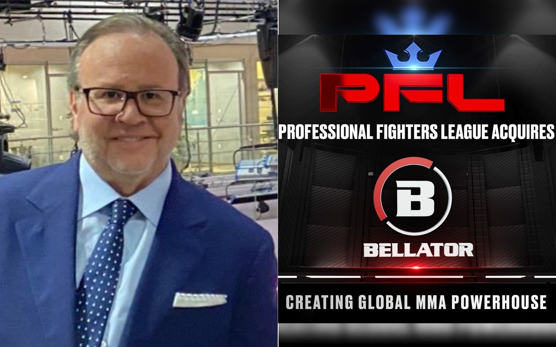 Donn Davis [Left], and PFL announcing Bellator acquisition [Right] [Photo credit: @DonnDavisPFL - X]