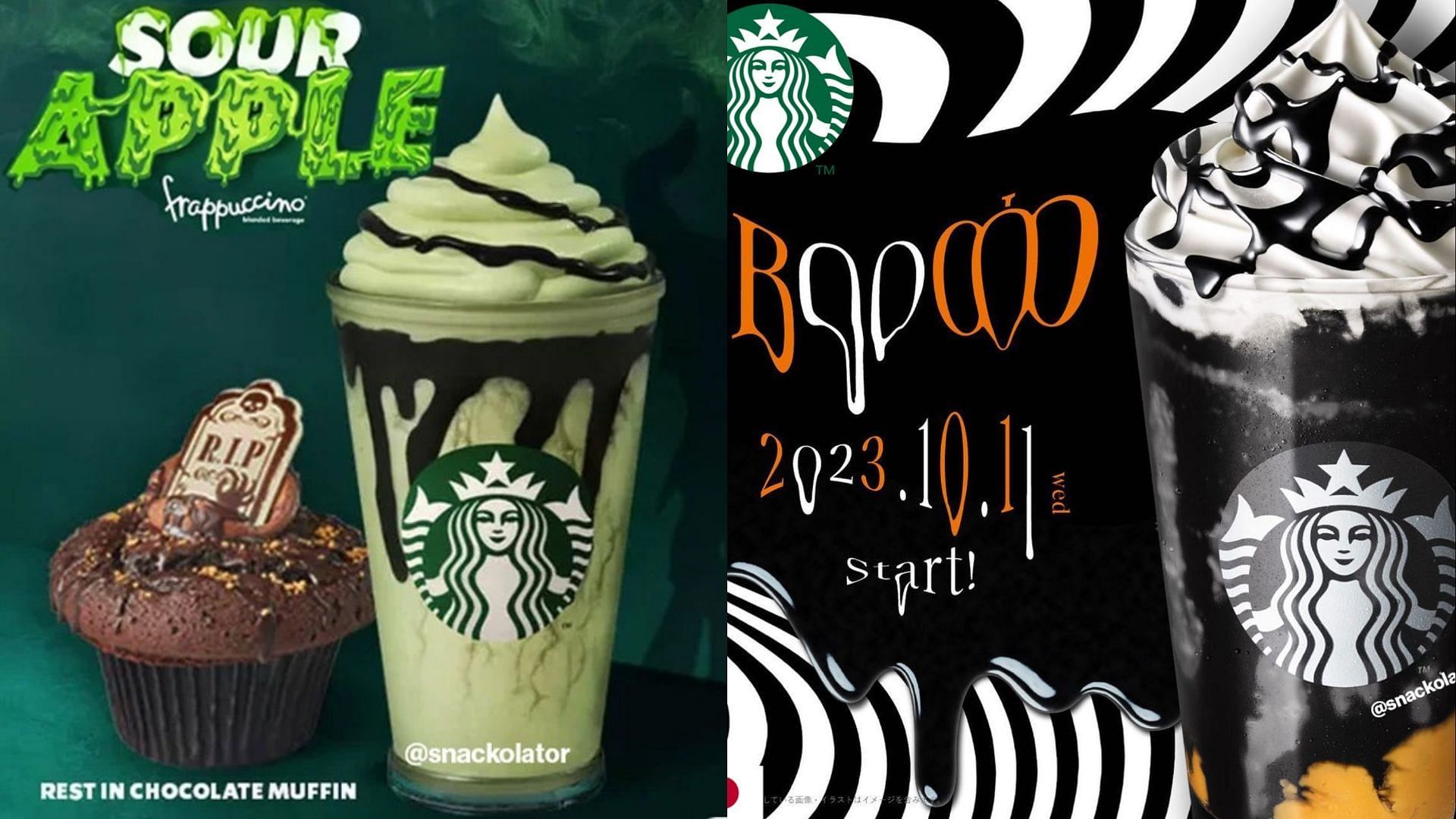 The All-Black Goth Frappuccino and Sour Apple Frappuccino (Image via @snackolator on Instagram)