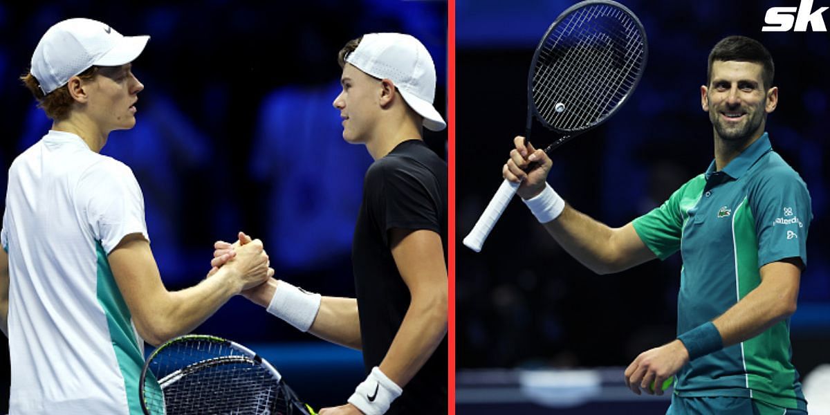 Jannik Sinner with Holger Rune (L) and Novak Djokovic (R)