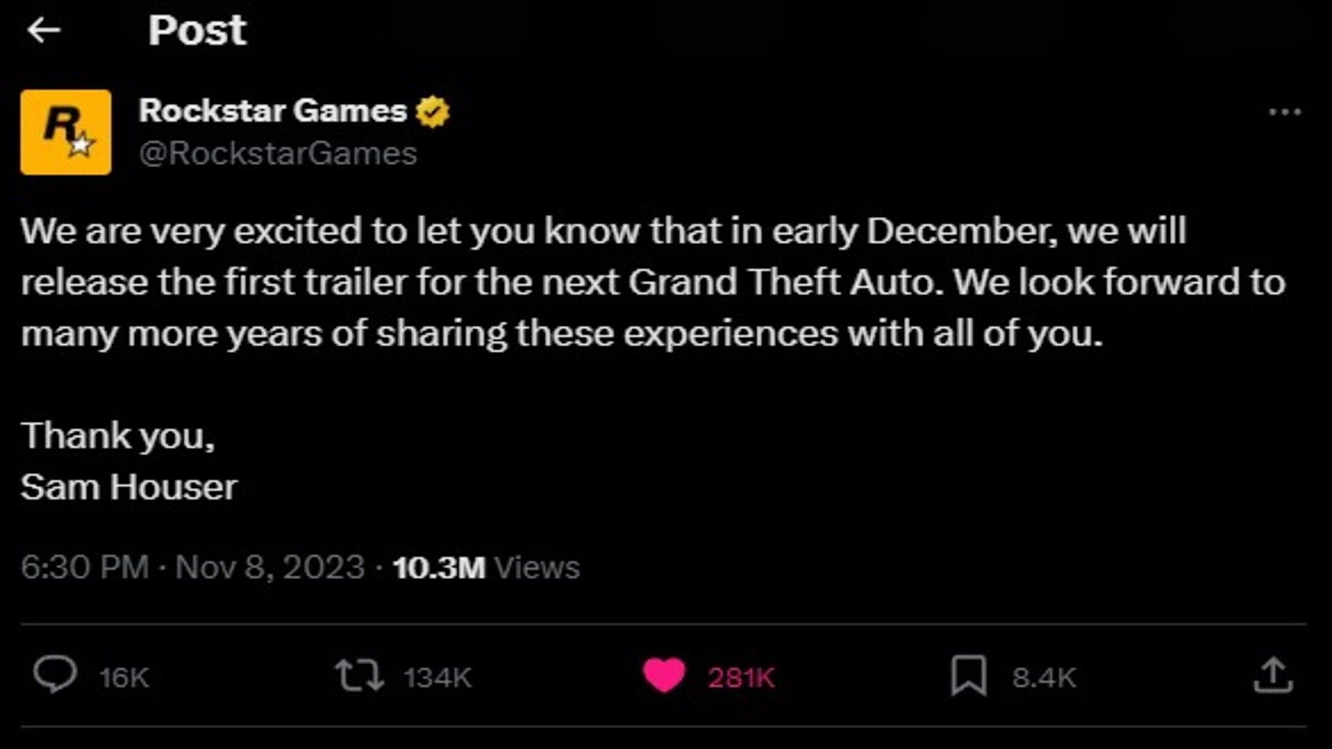 A screenshot of the Tweet shared by Rockstar Games revealing the big news (Image via X)