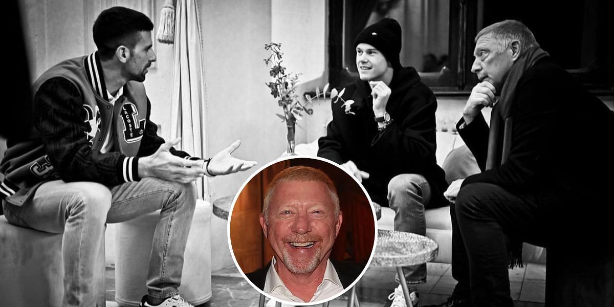 Novak Djokovic (L), Holger Rune, &amp; Boris Becker (R)