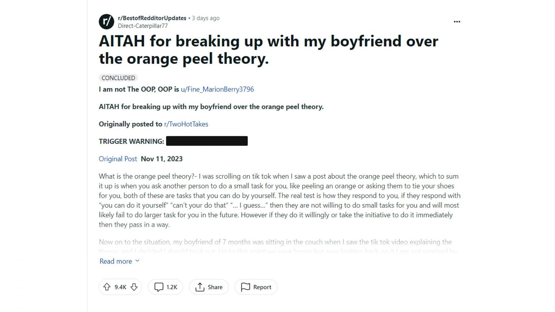 AITAH shared her break-up story over the Orange Peel theory (Image via Reddit/BestofRedditorUpdates)