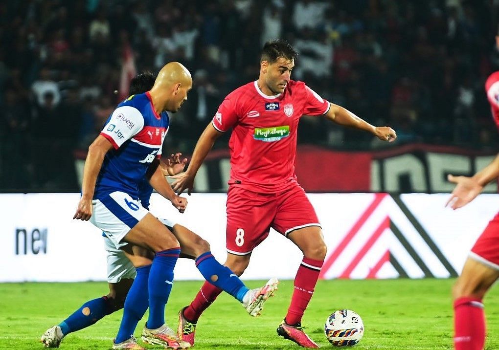 Mohamed Bemammer of NEUFC vies for the ball with Keziah Veendorp of BFC (Image Credits - NEUFC Media)