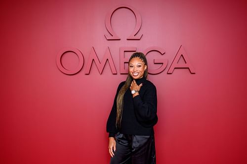 Allyson Felix attends the OMEGA panel discussion with Olympic ambassadors at The Planet OMEGA exhibition launch at the Chelsea Factory