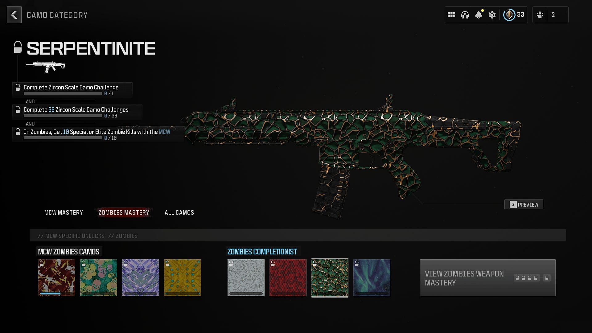 Modern Warfare 3 Zombies Serpentinite mastery unlock challenges (Image via Activision)