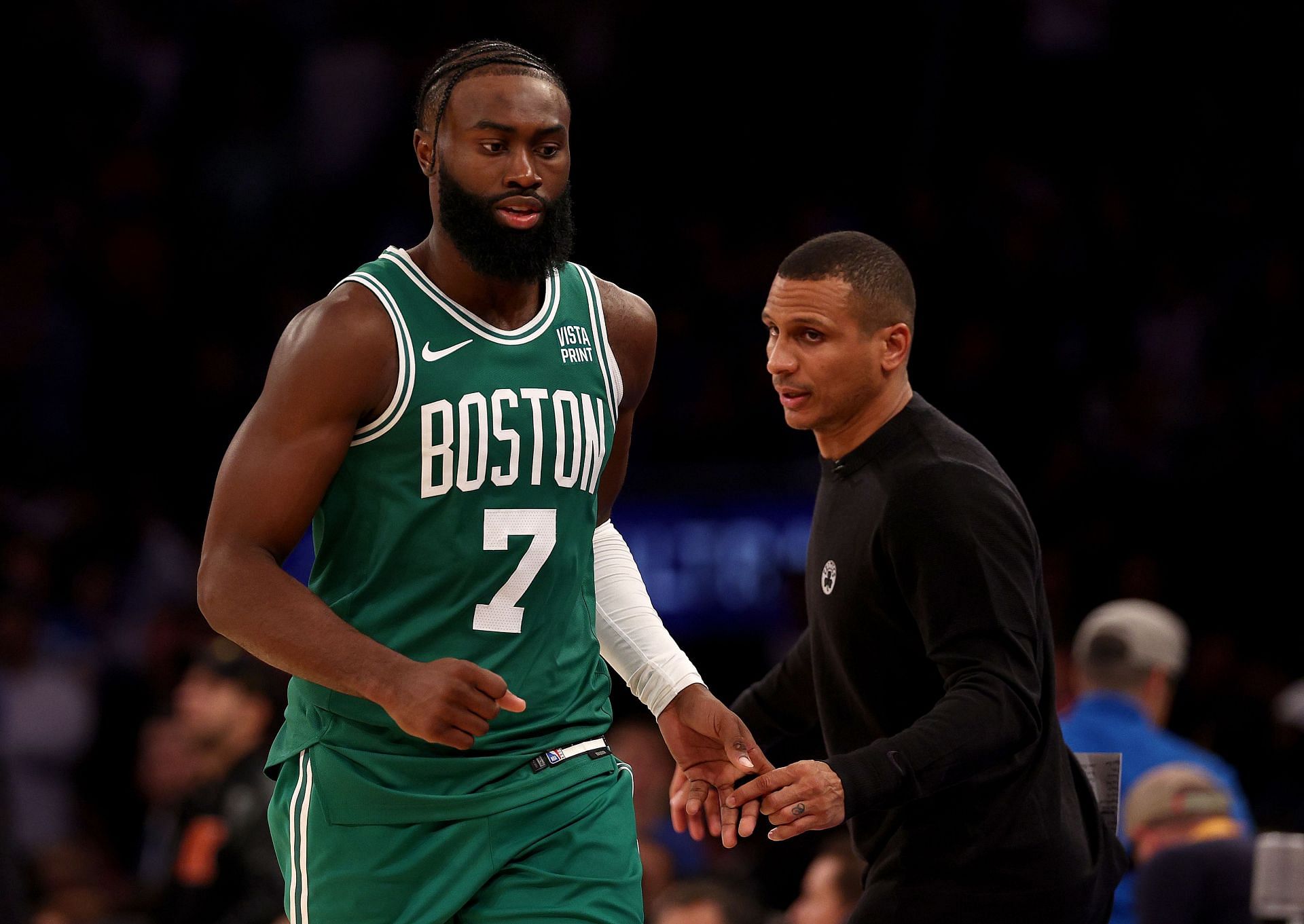 Jaylen Brown and Joe Mazzulla of the Boston Celtics