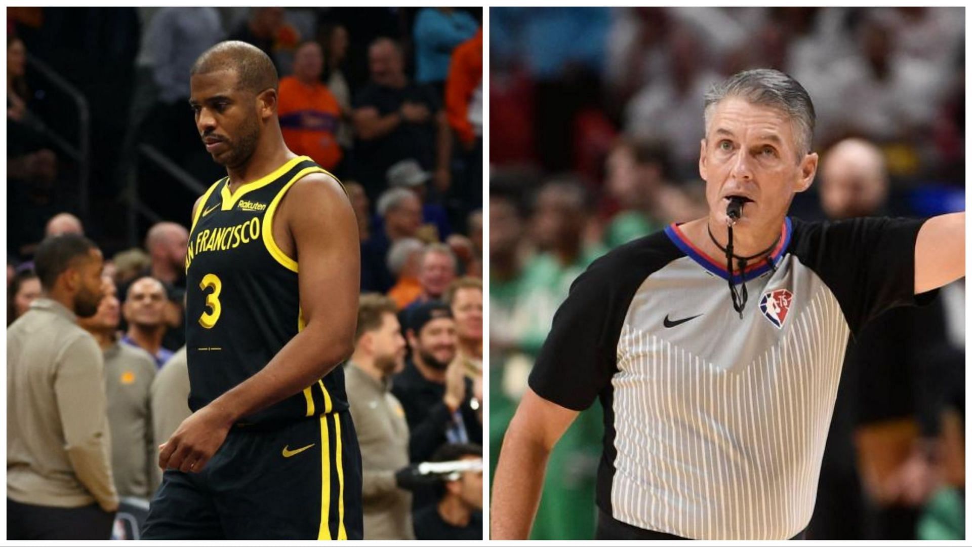 Chris Paul (left) has created a beef with referee Scott Foster (right), while he holds a 3-17 playoff record in games that Foster is an official