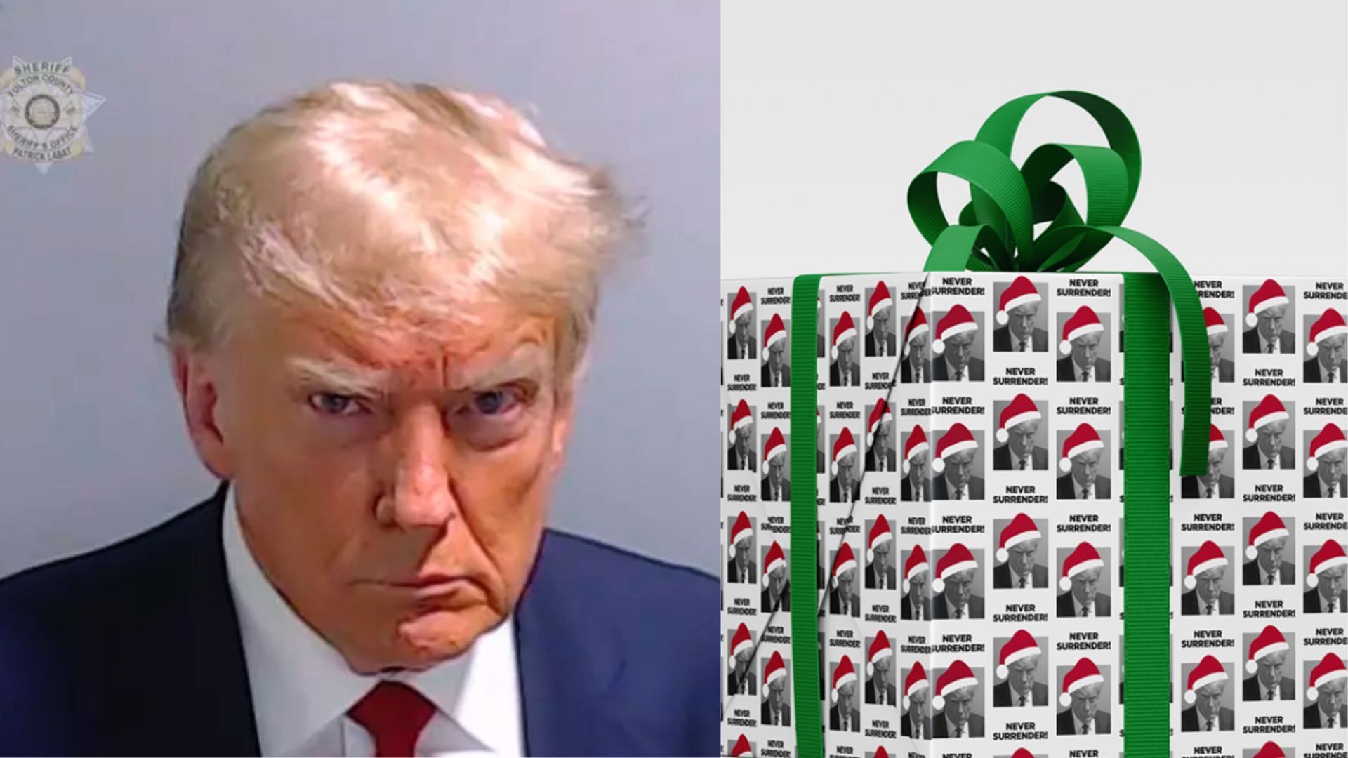 Donald Trump mugshot wrapping paper (Image via snip from X/@TeamTrump)