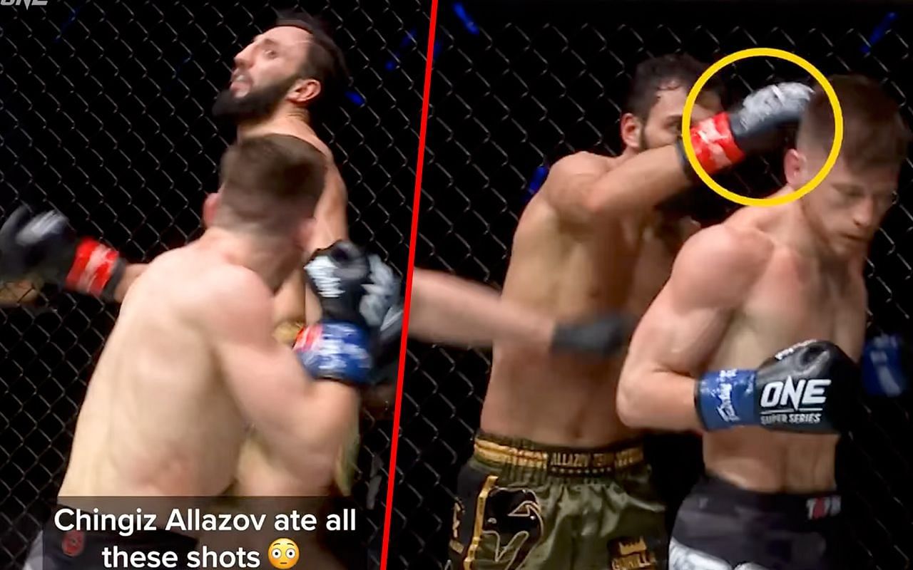 Chingiz Allazov getting caught by a punch (left) and Allazov holding off a punch (right)