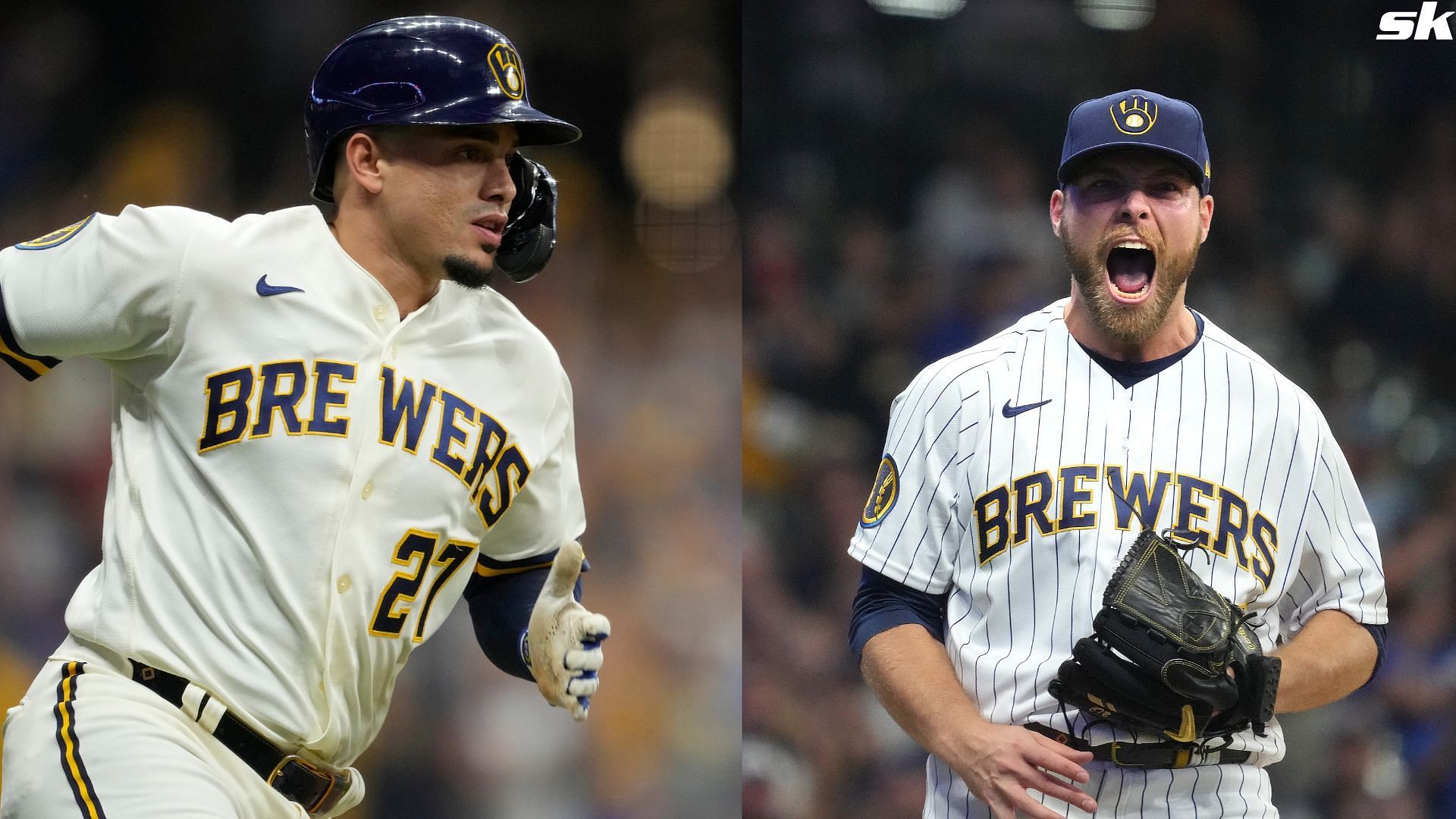 Willy Adames and Corbin Burnes of the Milwaukee Brewers in action