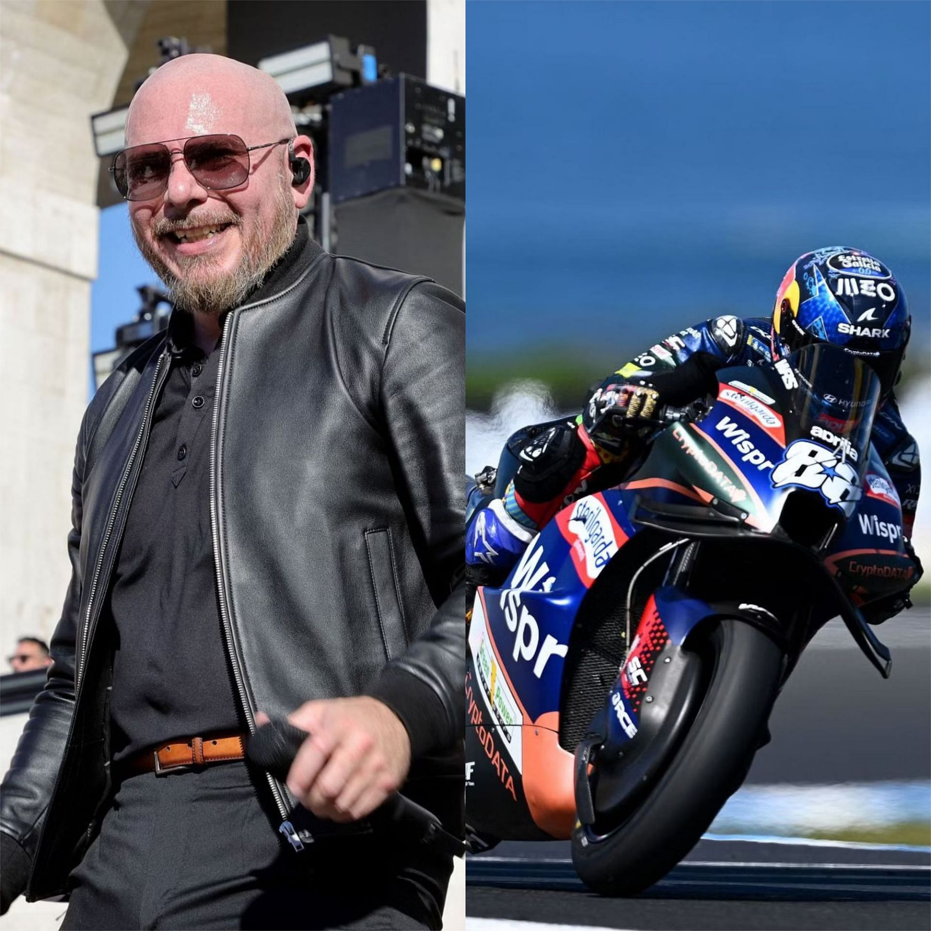 (L-R) Rapper and NASCAR Cup Series team owner Pitbull, Miguel Oliveira of Portugal and the CryptoDATA RNF MotoGP Team in action. (Photo by Quinn Rooney/Kevin Winter - Getty Images)