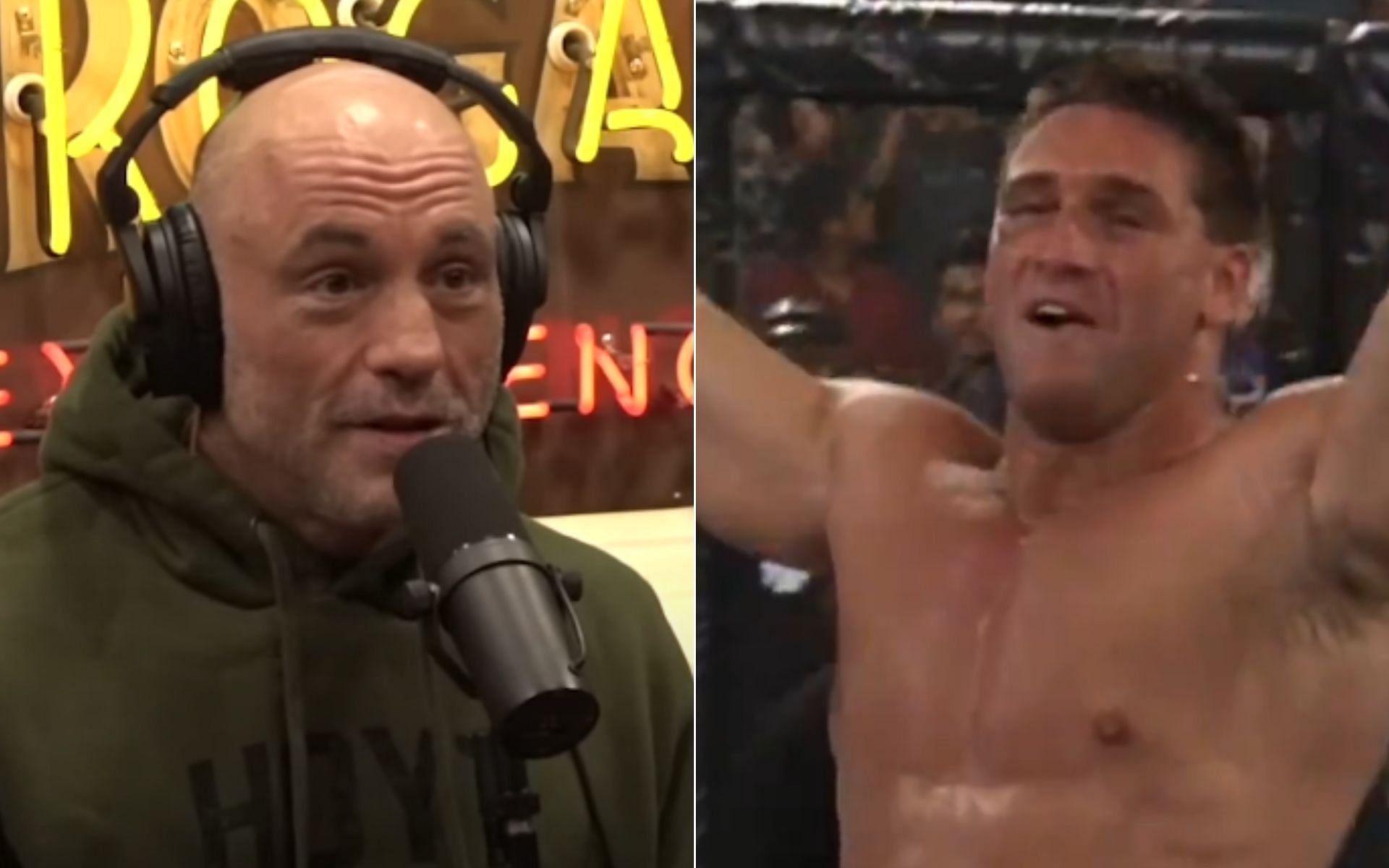 Joe Rogan [Left], and Ken Shamrock [Right] [Photo credit: PowerfulJRE - YouTube, and @ufc - X]