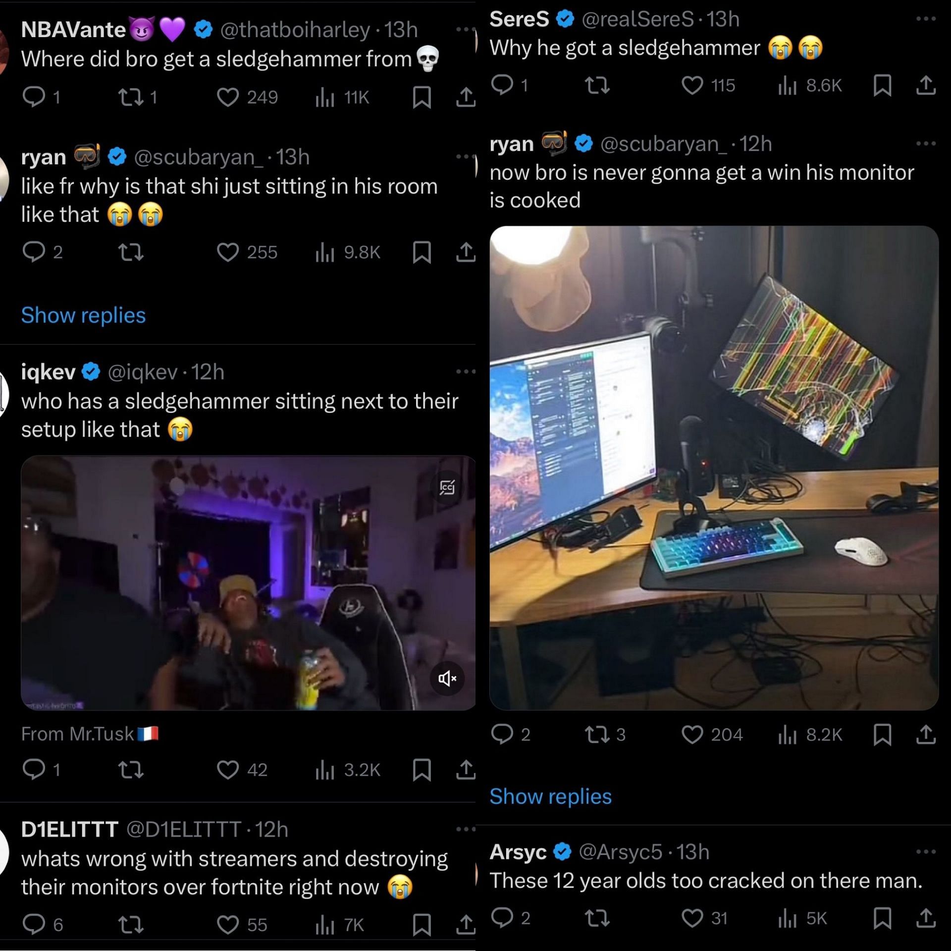 Fans react as streamer smashes his screen with a sledgehammer (Image via X/@scubaryan_)