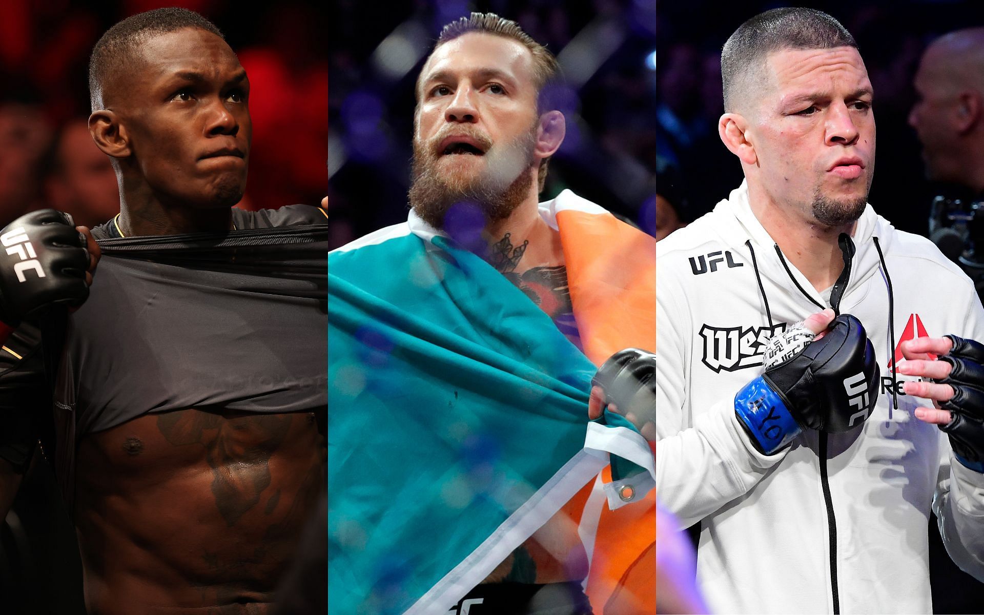 Israel Adesanya (Left); Conor McGregor (Middle); Nate Diaz (Right) [*Image courtesy: Getty Images]