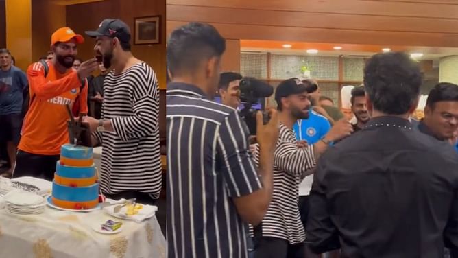 [Watch] Ravindra Jadeja and Virat Kohli celebrate stellar performances in IND vs SA 2023 World Cup match with cake