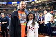 Simone Biles and Jonathan Owens at the World Series - Philadelphia Phillies v Houston Astros - Game One