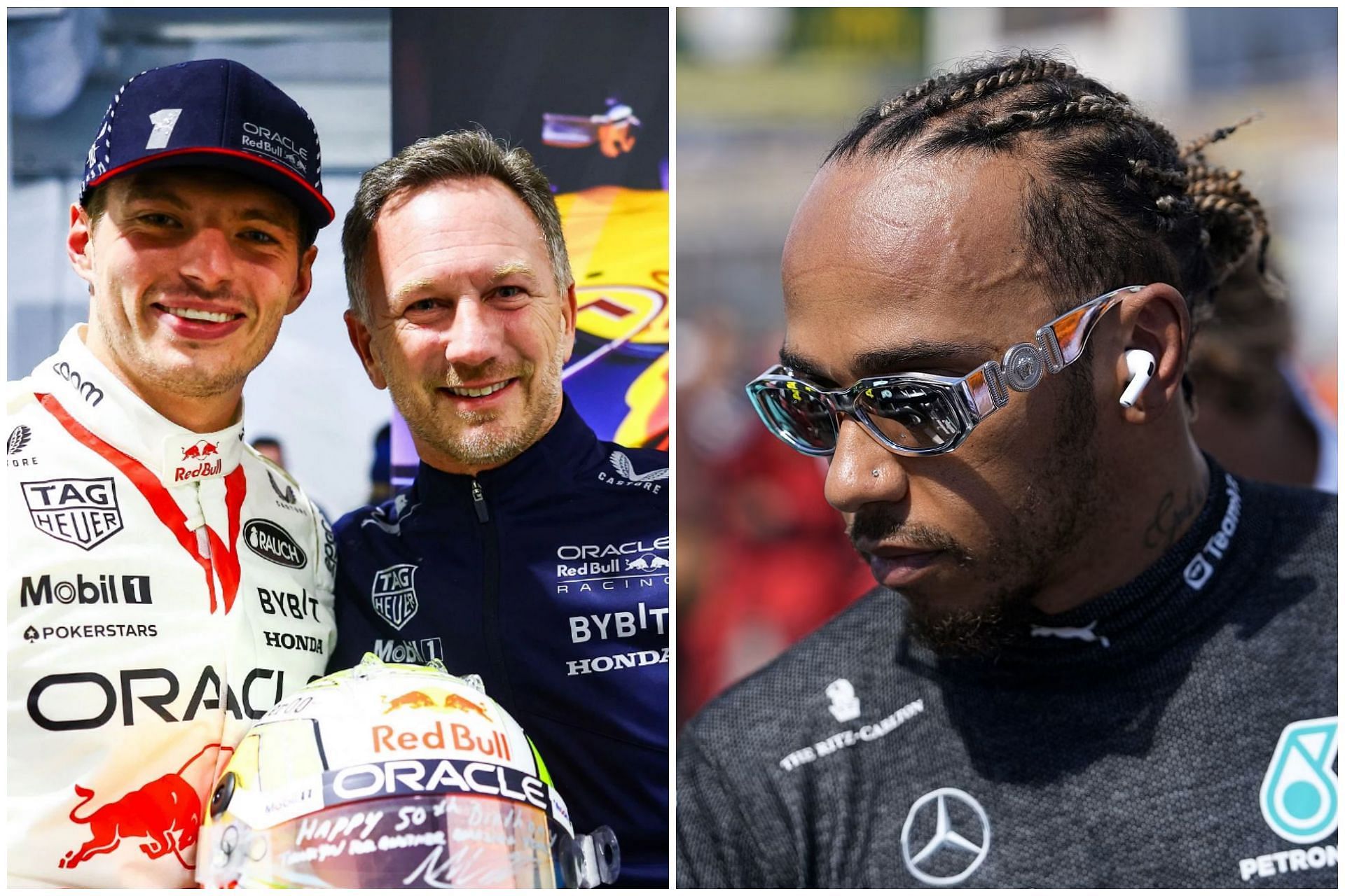 Max Verstappen (L), Christian Horner (C), and Lewis Hamilton (R) (Collage via Sportskeeda)
