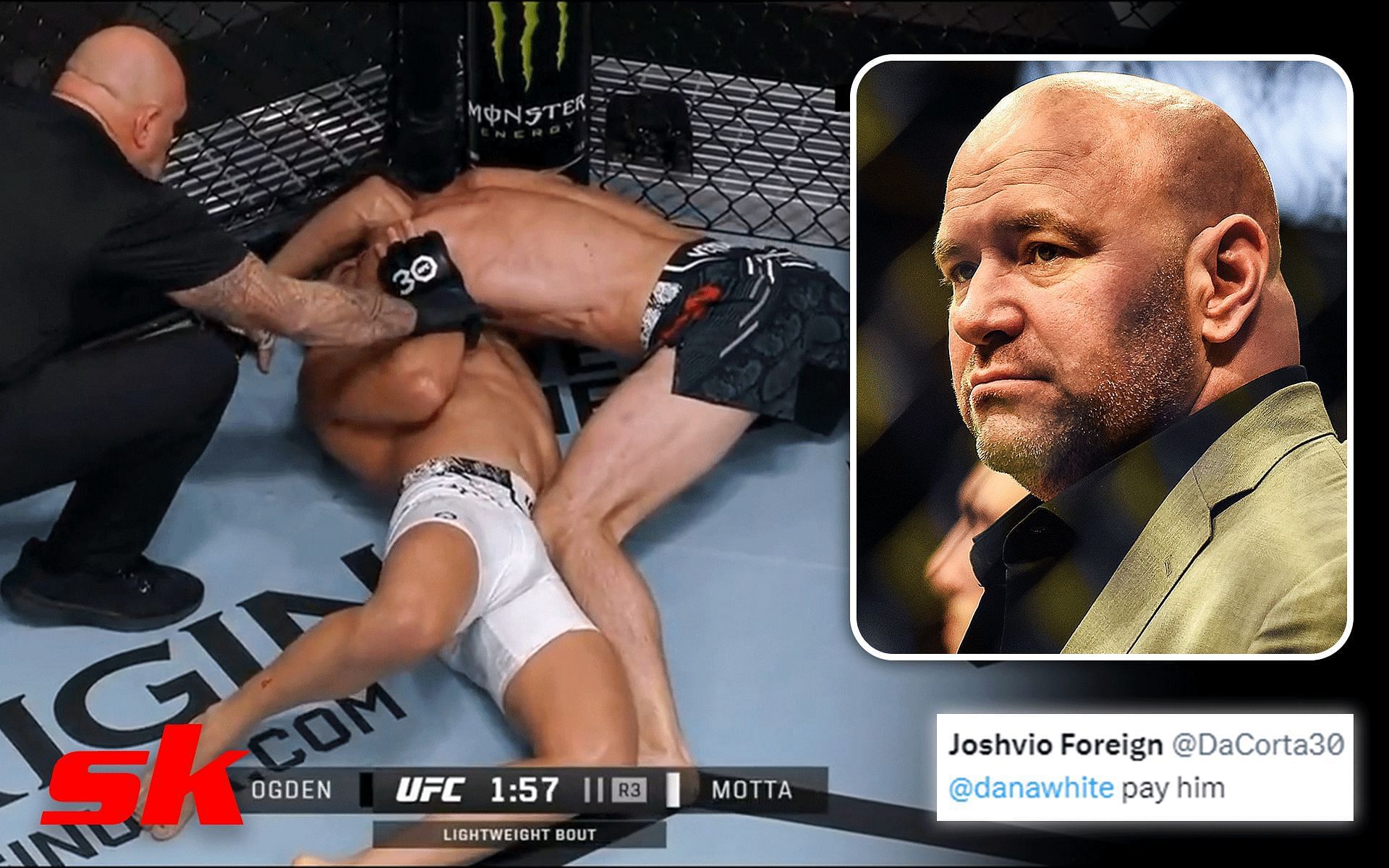 Trey Ogden during the stoppage and Dana White (inset) (Images via @MECU999_BACKUP 