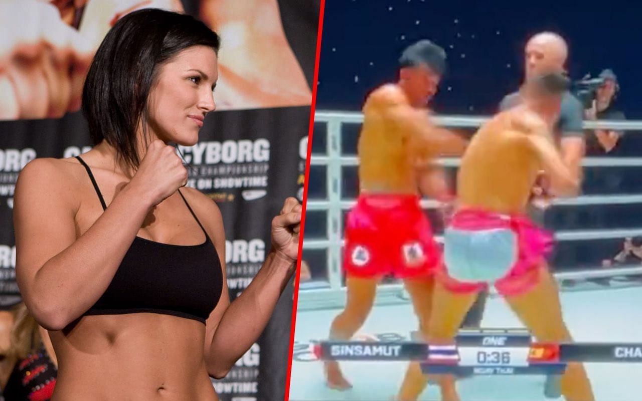 Gina Carano (left) and a screenshot of the fight between Sinsamut Klinmee and Mouchine Chafi (right)