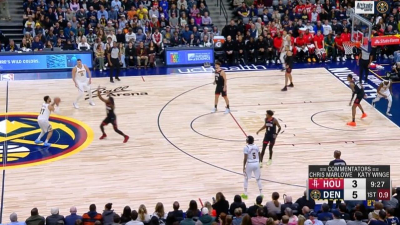 Jamal Murray hits a three-pointer from the logo in the first quarter of the game between the Denver Nuggets and Houston Rockets.
