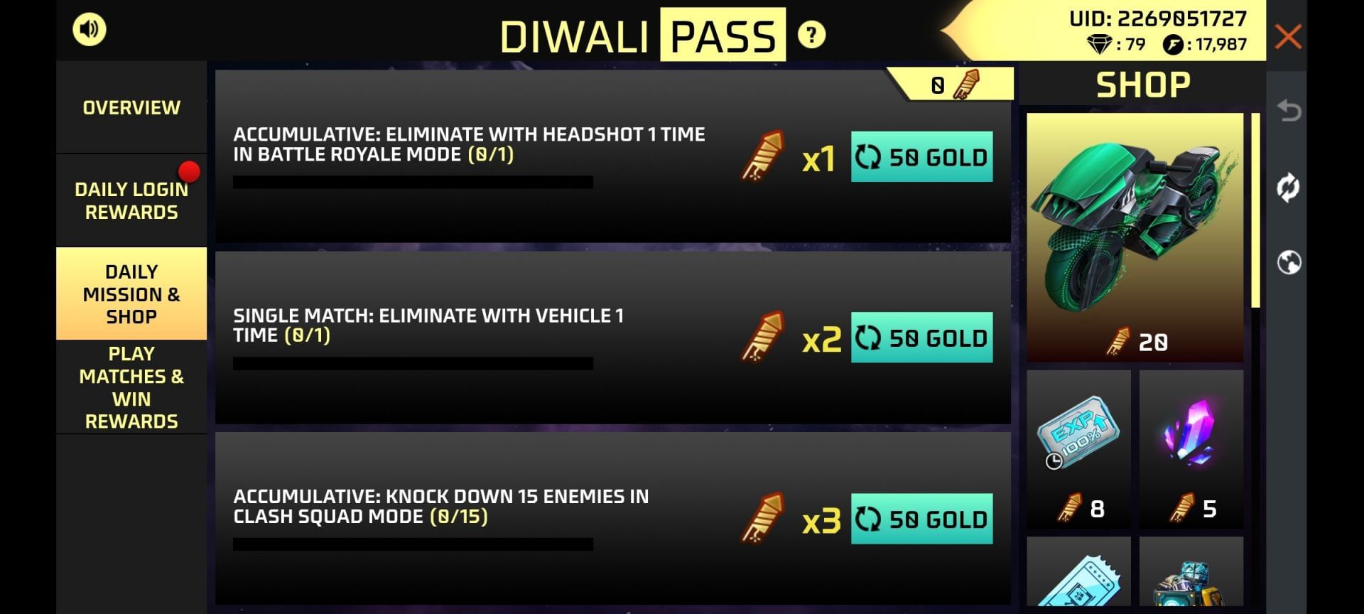 Diwali Pass Daily Mission and Shop (Image via Garena)