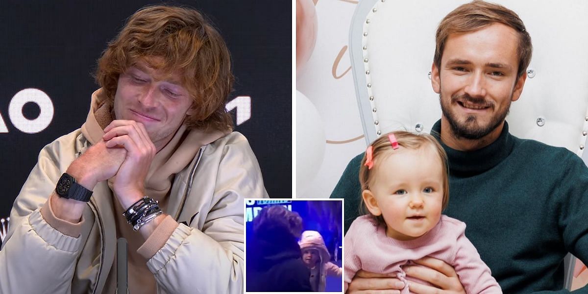 Andrey Rublev (L), Daniil Medvedev and daughter Alisa (R)