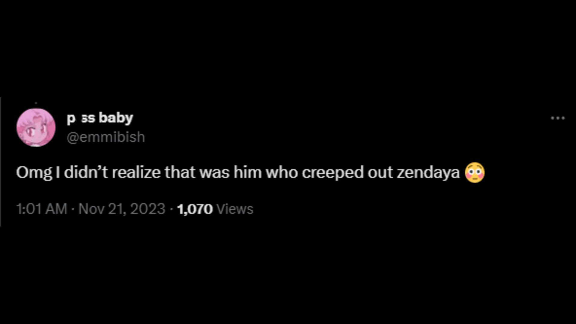 A netizen realizing that Rife was the one who creeped out Zendaya during 2015 Wild &#039;N Out. (Image via X/emmibish)