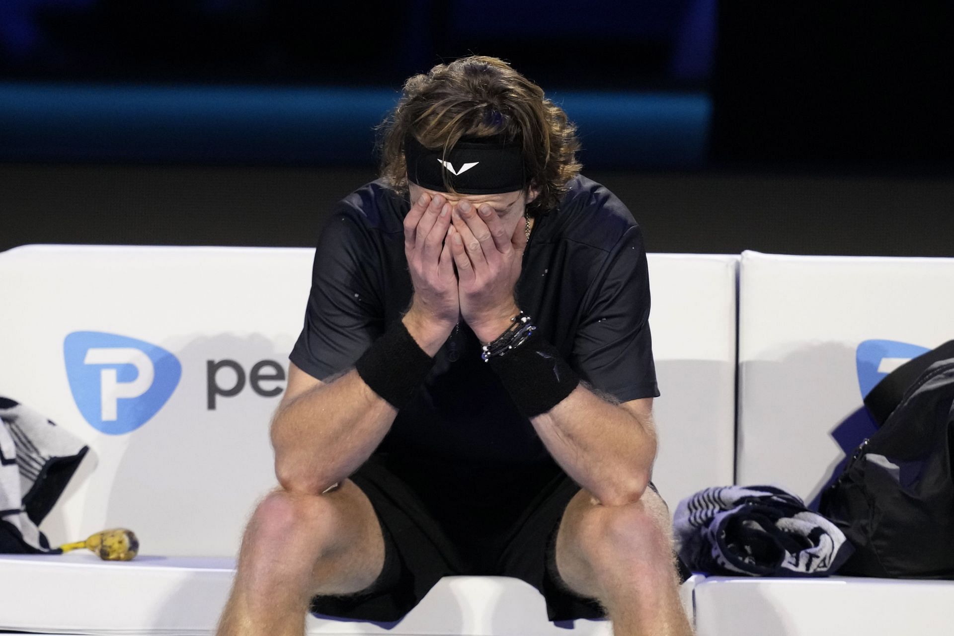 Andrey Rublev captured during the 2023 ATP Finals loss to Daniil Medvedev