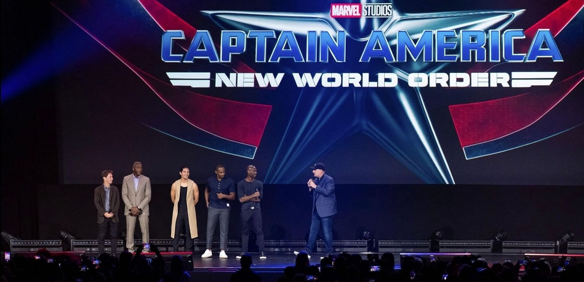 Kevin Feige, Carl Lumbly, Tim Blake Nelson, Anthony Mackie, Julius Onah, and Danny Ramirez at an event for Captain America: Brave New World (Image via IMDb)