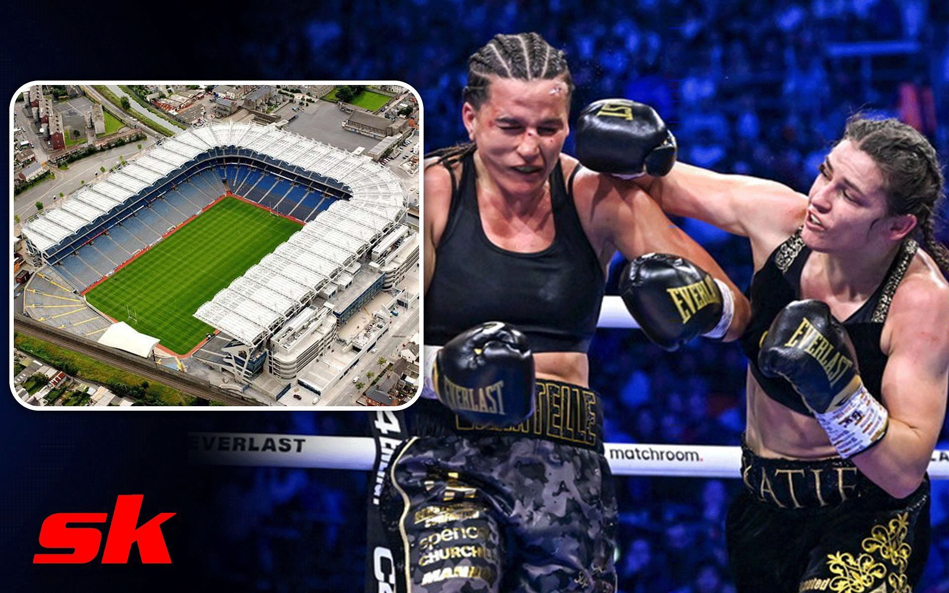 Tw-division boxing champion Katie Taylor during her fight with Chantelle Cameron and Croke Park stadium (inset) (Images Courtesy: @YBIB_ and @ballsdotie 