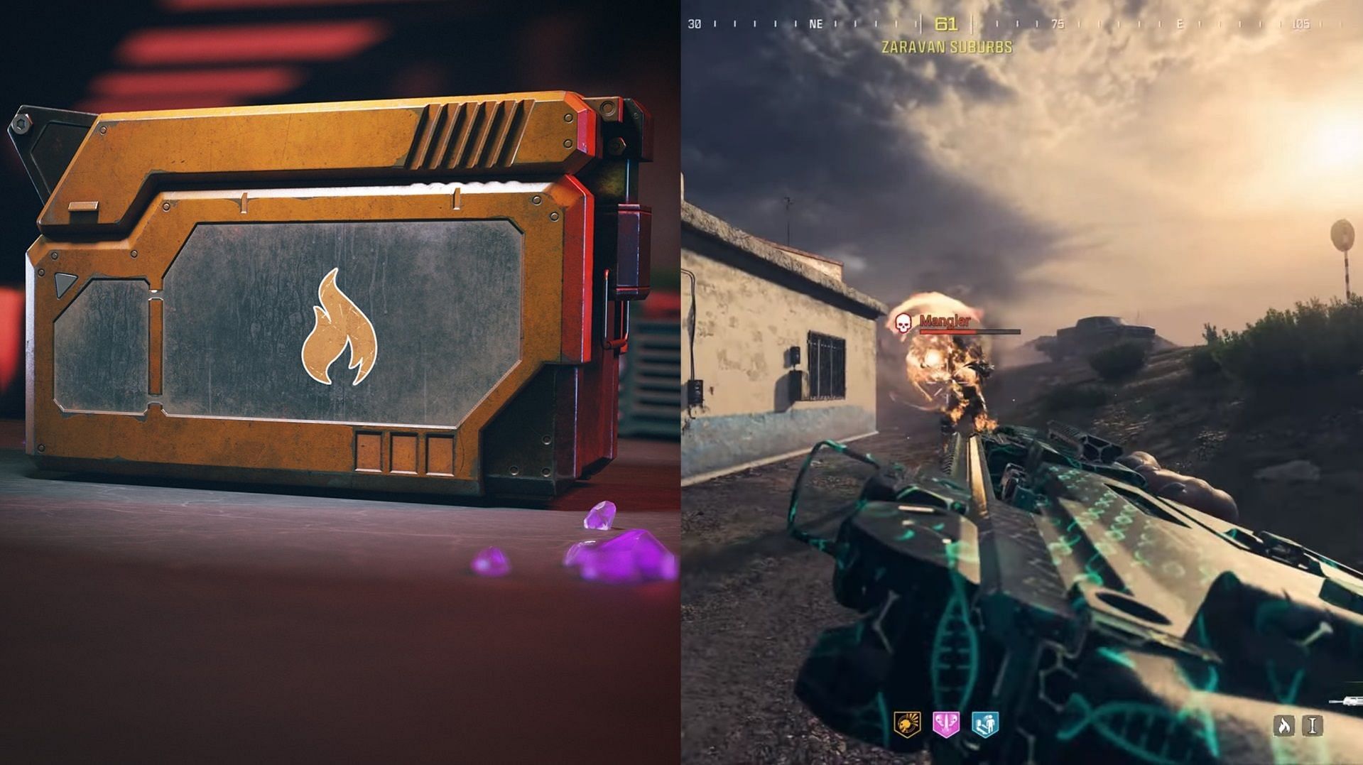 Napalm Burst Ammo Mod on the left and an Operator shooting at a Mangler on the right