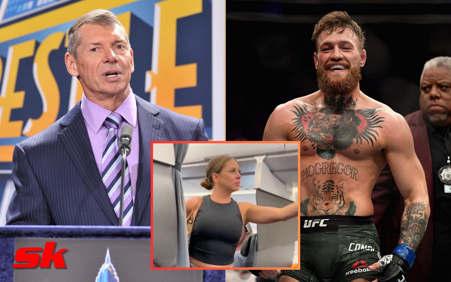 Vince McMahon (left - via Getty), Conor McGregor (right - via Getty), Tiffany Gomas (center - via @PopCrave)