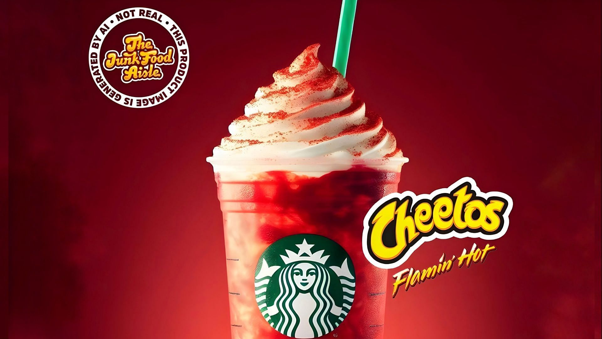 The AI-generated image of the S. Cheetos Flamin&#039; Hot Frappuccino (Image via Instagram/@thejunkfoodaisle)