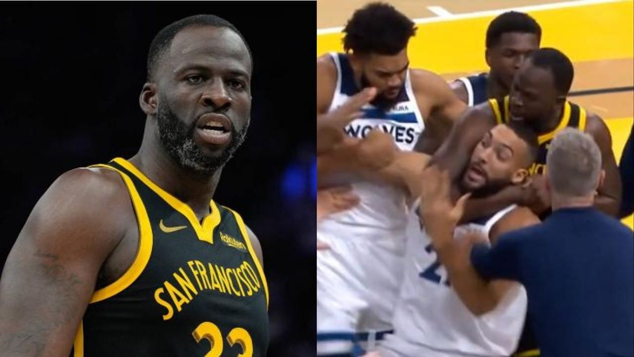 Draymond Green (L) putting Rudy Gobert in headlock