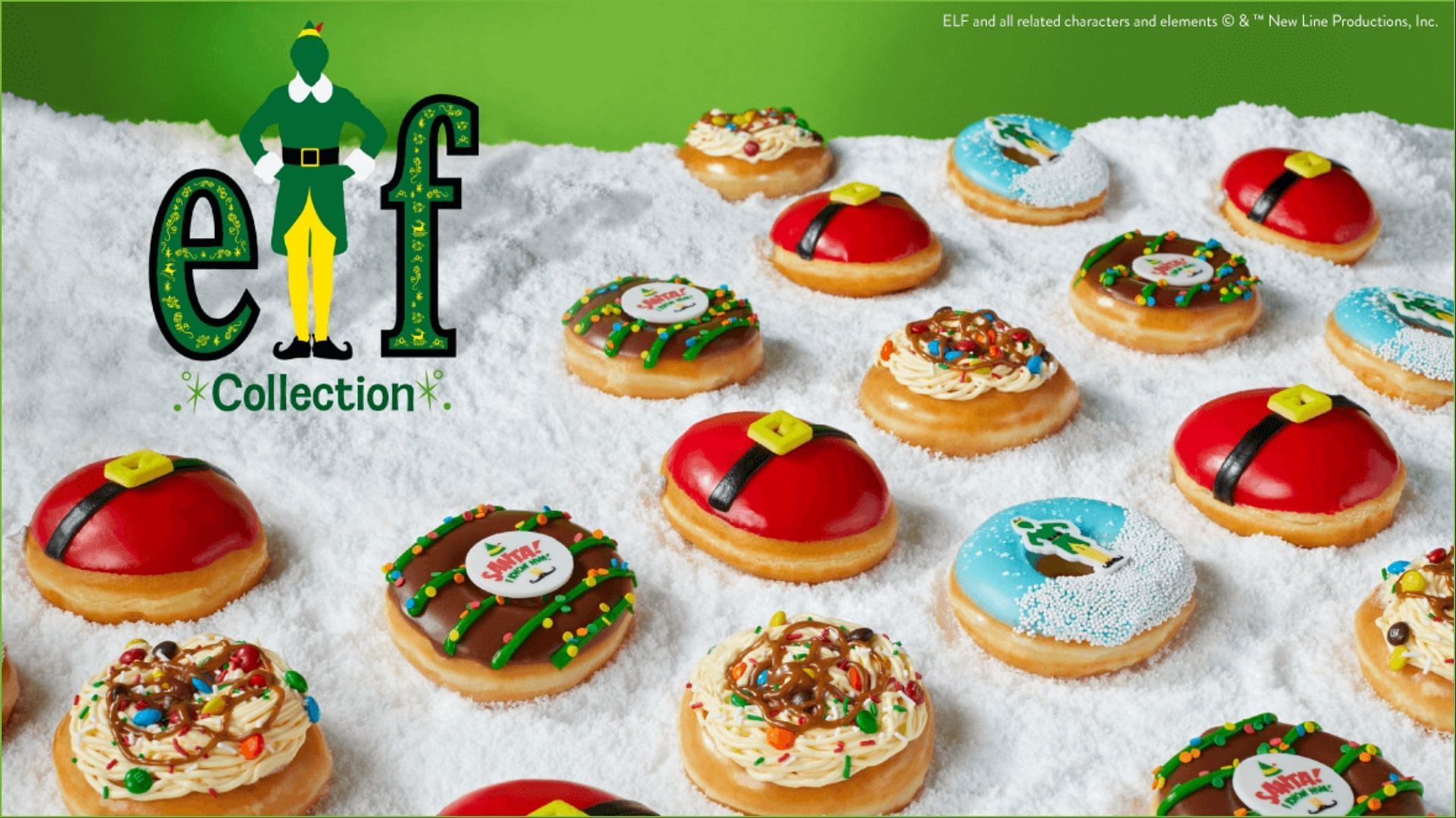 The new Elf-inspired holiday doughnuts hit stores on November 24 (Image via Krispy Kreme)