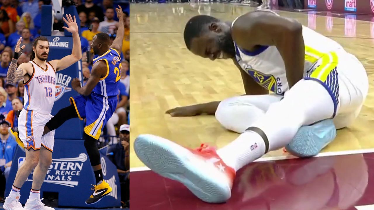 Draymond Green falls down on the floor after getting hit by Jarrett Allen in the groin area