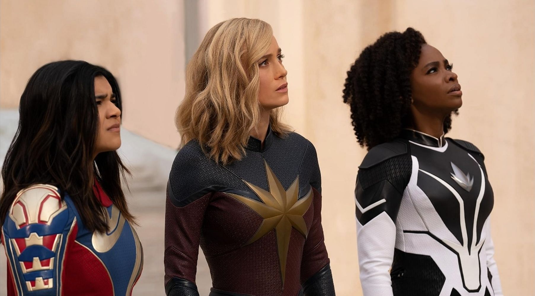 Brie Larson, Iman Vellani, and Teyonah Parris in a scene from The Marvels (Image via IMDb)