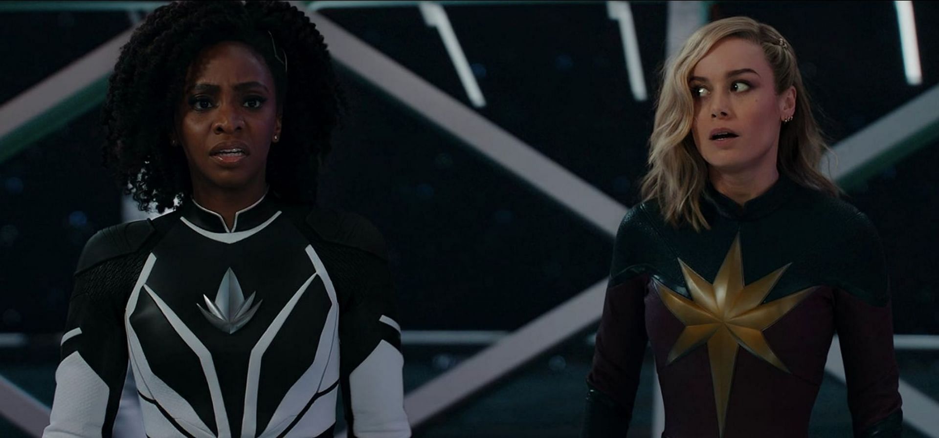 Brie Larson and Teyonah Parris in a scene from The Marvels (Image via IMDb)