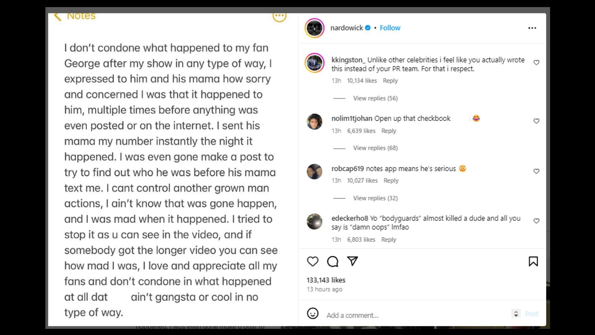 Nardo Wick&#039;s apology shared on Instagram (Image via nardowick/Instagram)