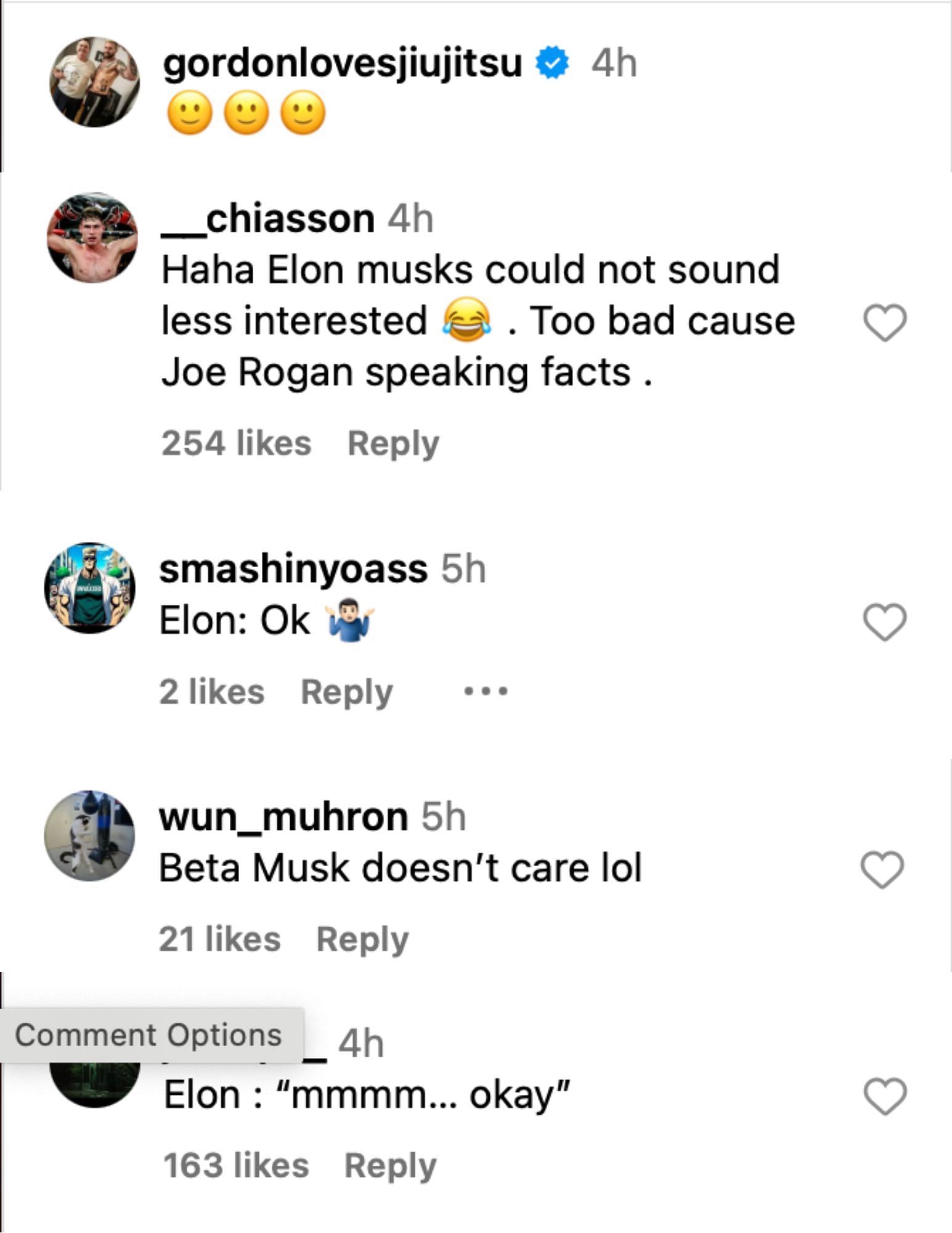 Fan comments to Elon Musk on the Joe Rogan Experience on Instagram