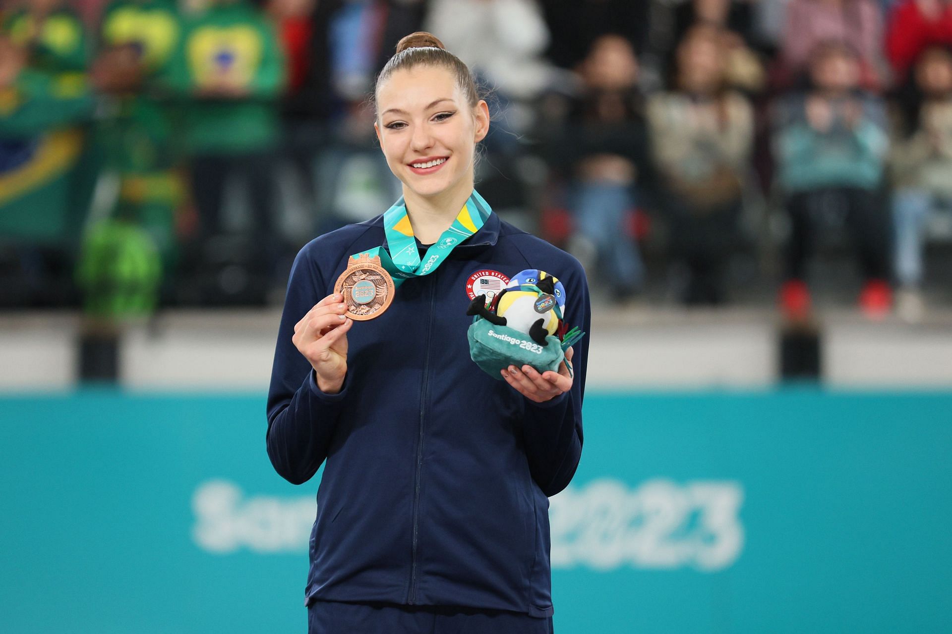 Evita Griskenas poses on the podium for - Rhythmic Gymnastics - Individual Hoop at the 2023 Pan Am Games in Santiago, Chile.