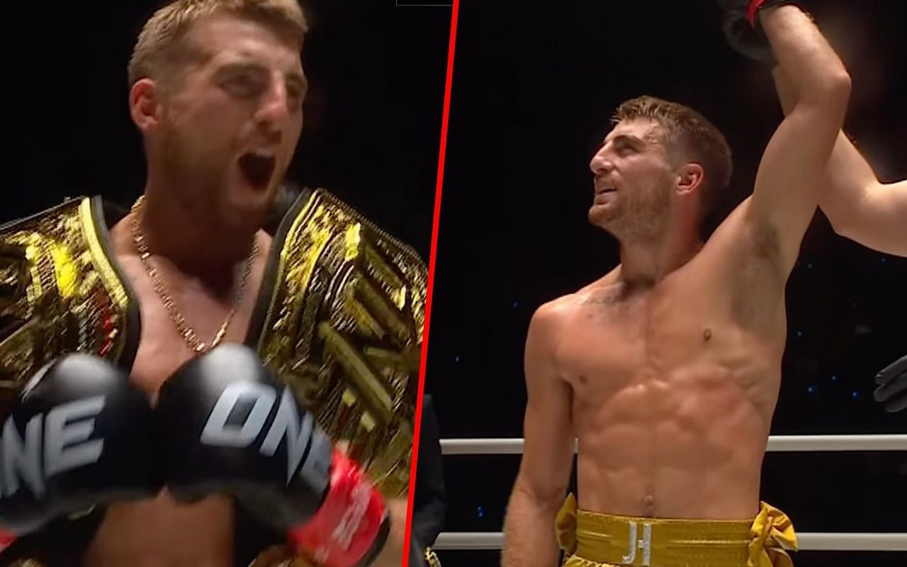 Jonathan Haggerty holding his two world title belts (left) and Haggerty being declared as a winner (right)