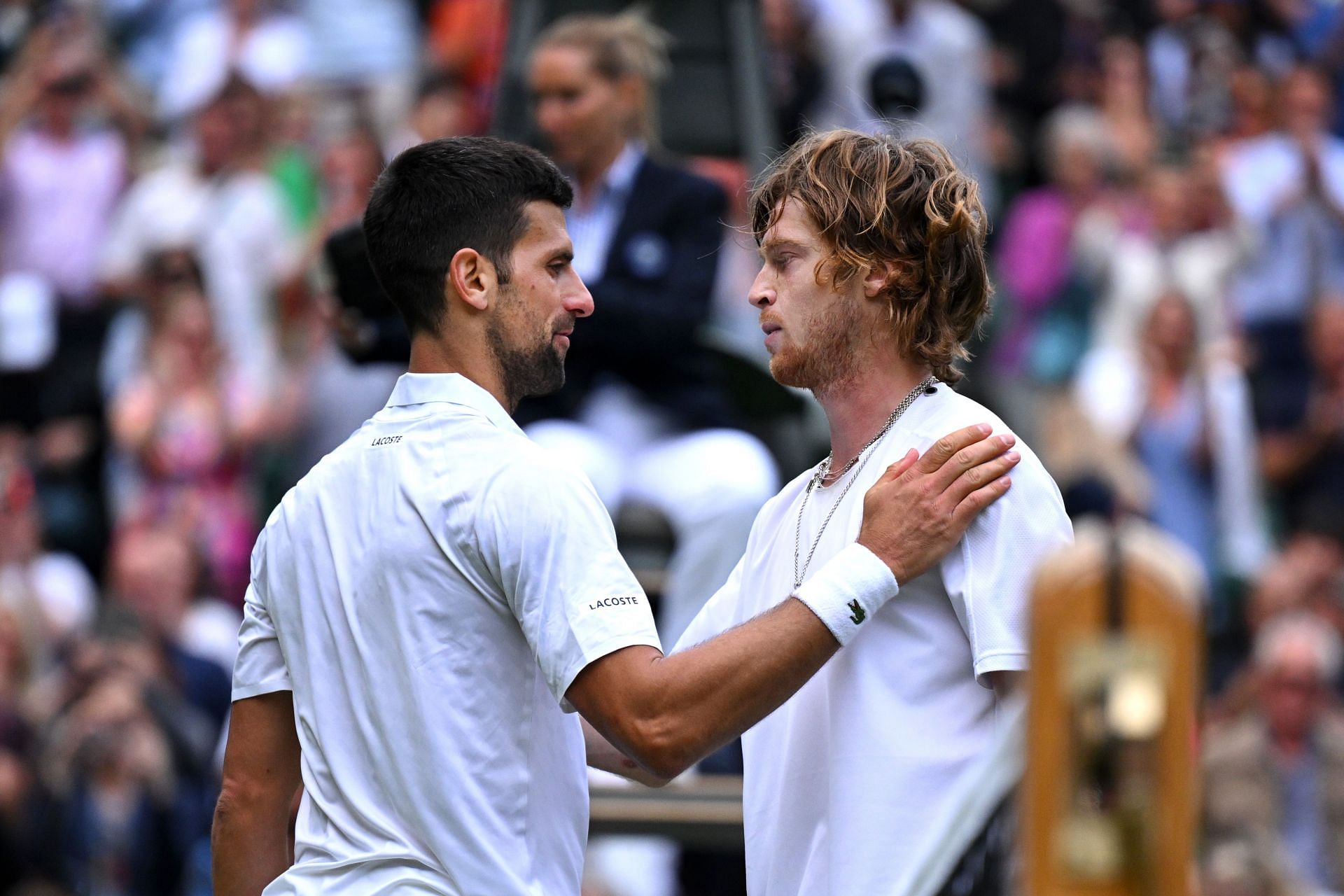 Novak Djokovic and Andrey Rublev at the 2023 Wimbledon Championships